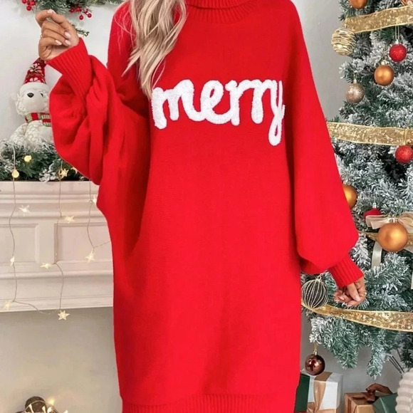 Red Casual Womens Letter Pattern Turtleneck Batwing Sleeve Sweater Dress - Picture 4 of 5